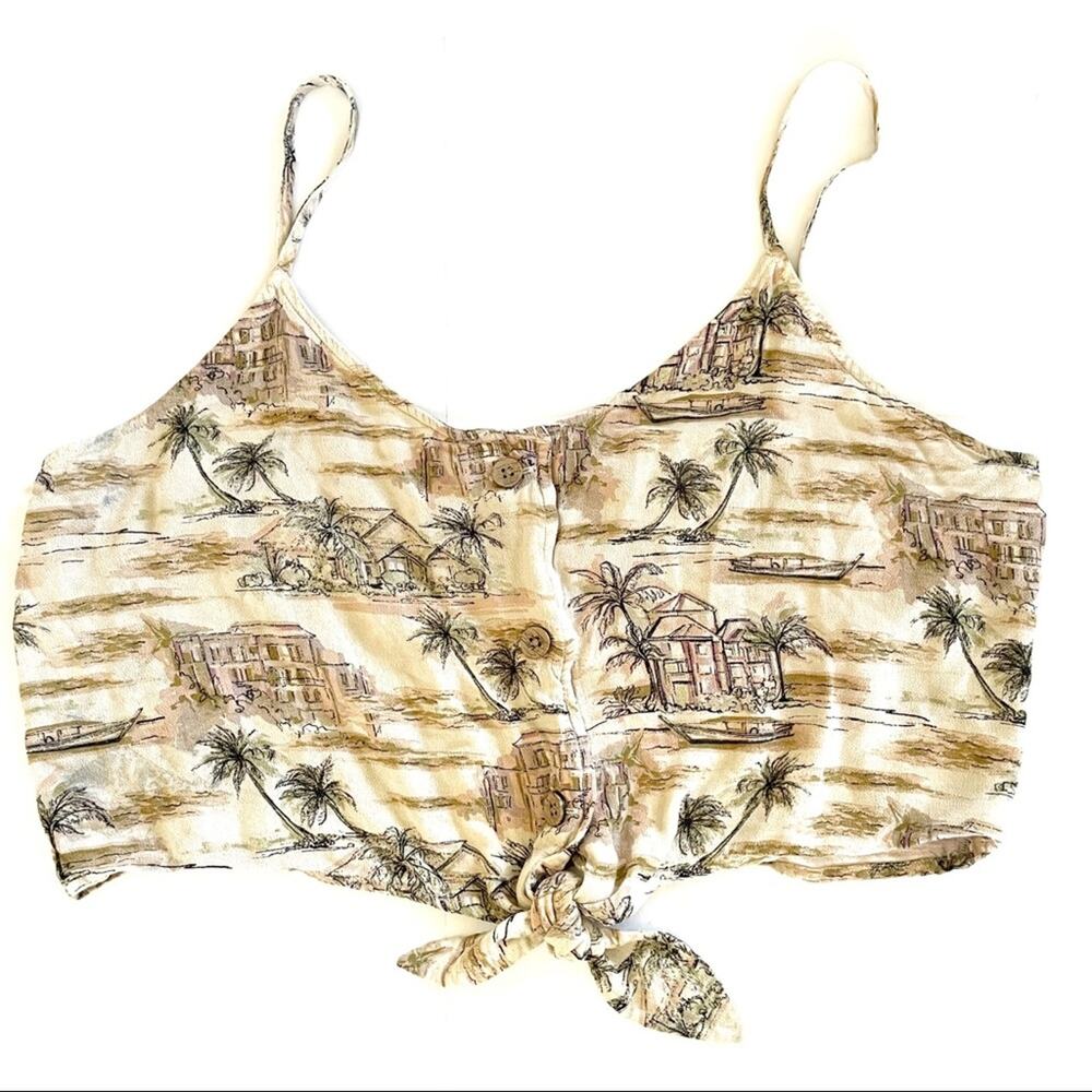 American Eagle Beige Hawaiian Print Spaghetti Strap Crop Top XL